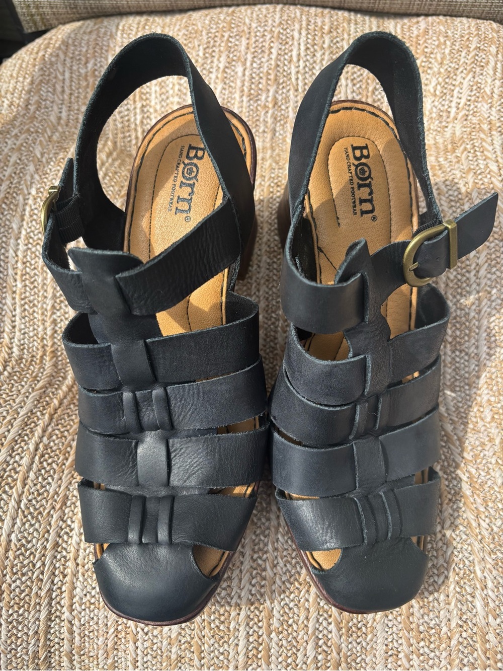 Born Black Leather Platform Sandals with Wood-Tone Heel - Picture 3 of 4